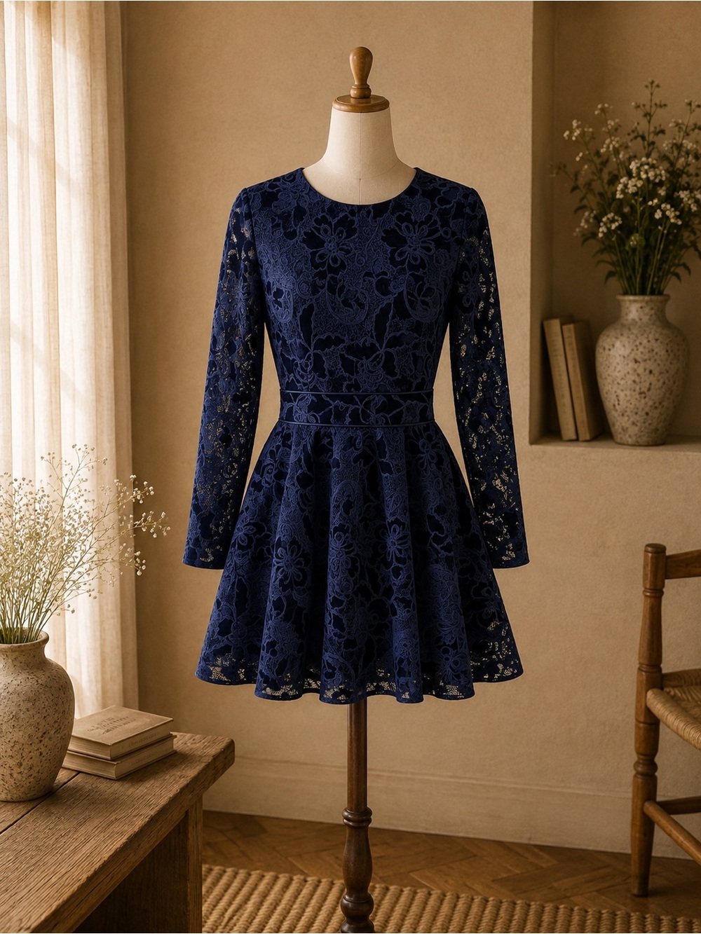 Maje Navy Blue Velvet & Lace Structured Mini Dress - Size 1 (US 2/S)